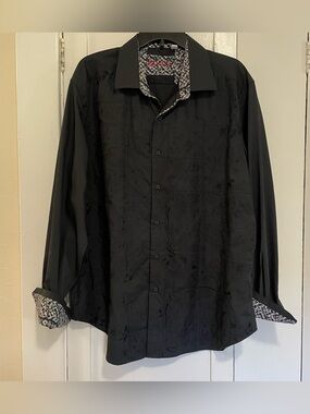 Robert Graham Black Shirt with Monochrome Printed Collar 2xl